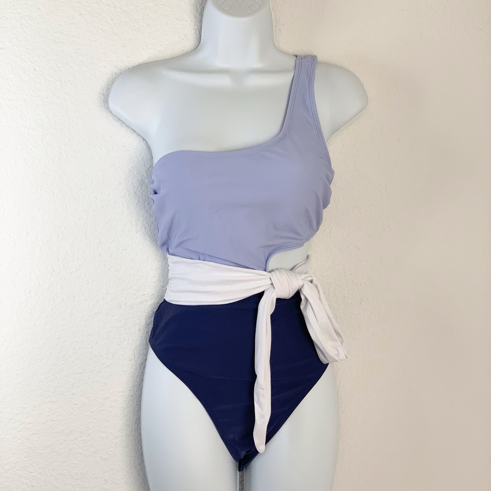 CupShe Santorini Blue White One Shoulder Cutout Swimsuit Sz L